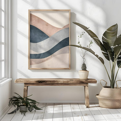 Minimalist Beige Blue Waves Neutral Abstract Wall Art Canvas