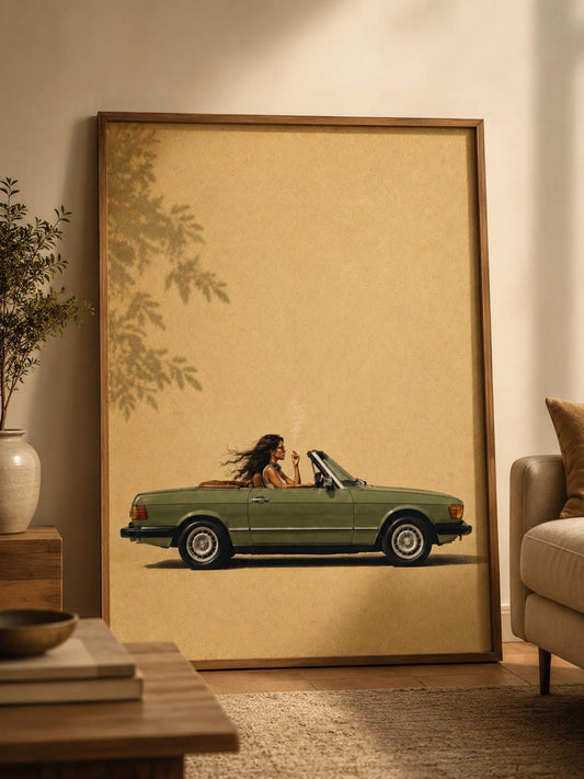 Minimalist Beige Vintage Convertible Retro Car Wall Art Canvas