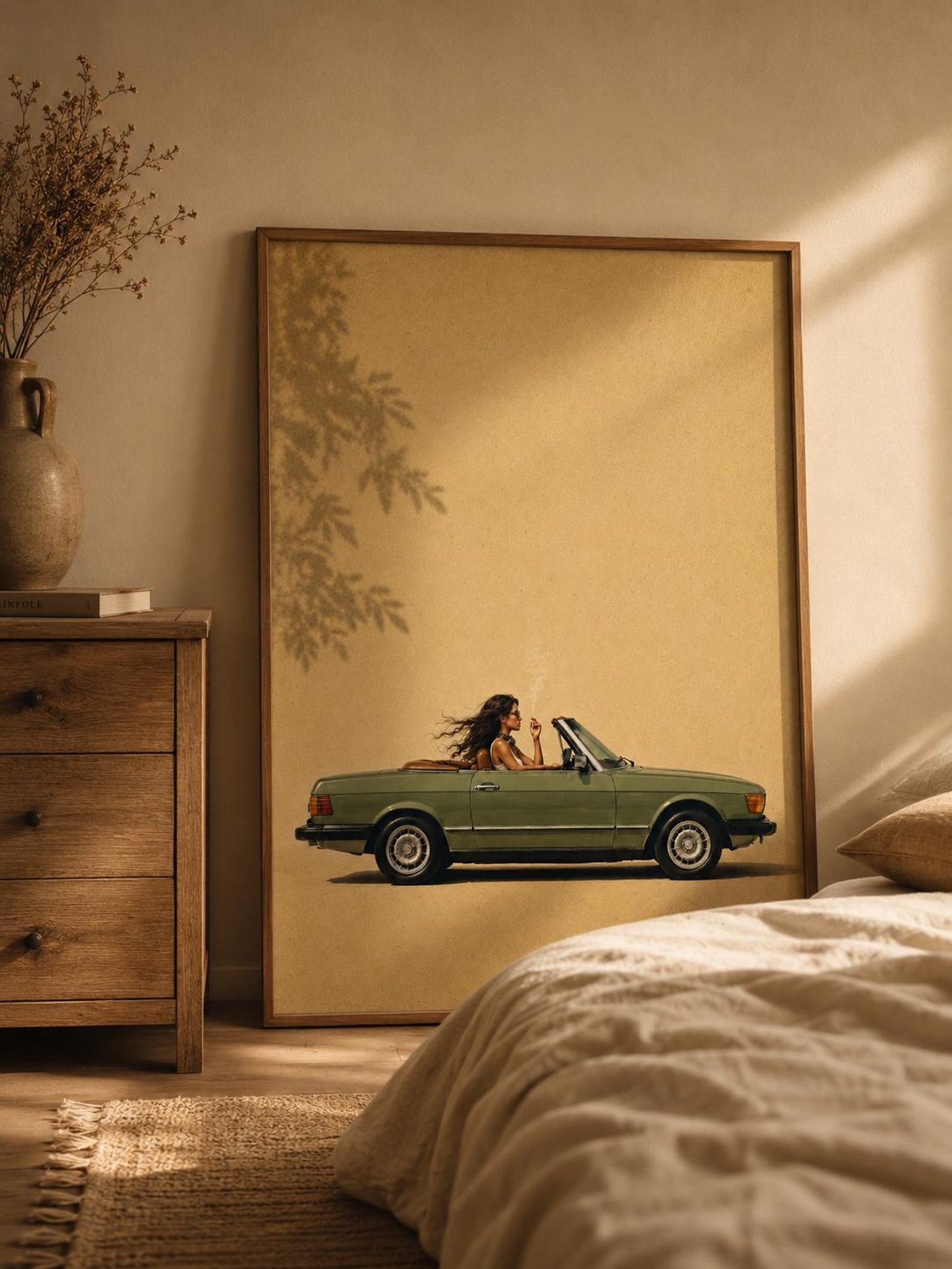 Minimalist Beige Vintage Convertible Retro Car Wall Art Canvas