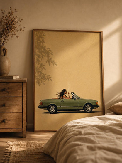 Minimalist Beige Vintage Convertible Retro Car Wall Art Canvas
