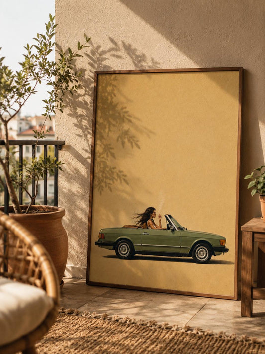Minimalist Beige Vintage Convertible Retro Car Wall Art Canvas