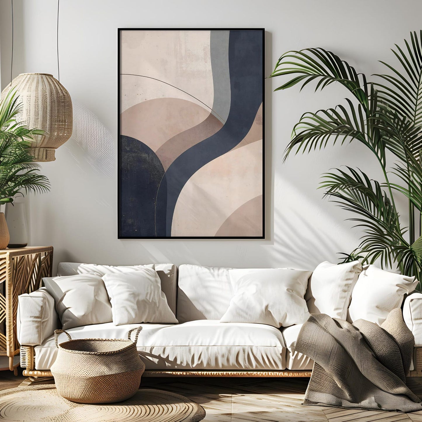 Minimalist Mid Century Beige Navy Abstract Wall Art Canvas