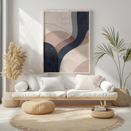 Minimalist Mid Century Beige Navy Abstract Wall Art Canvas