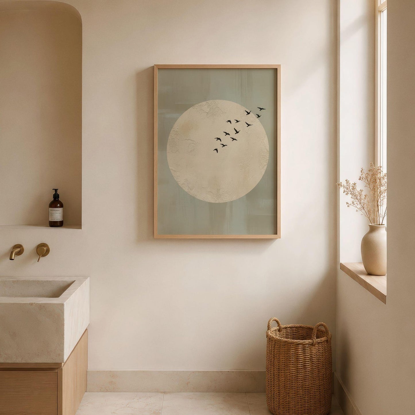 Minimalist Moon With Birds Japandi Wall Art Canvas