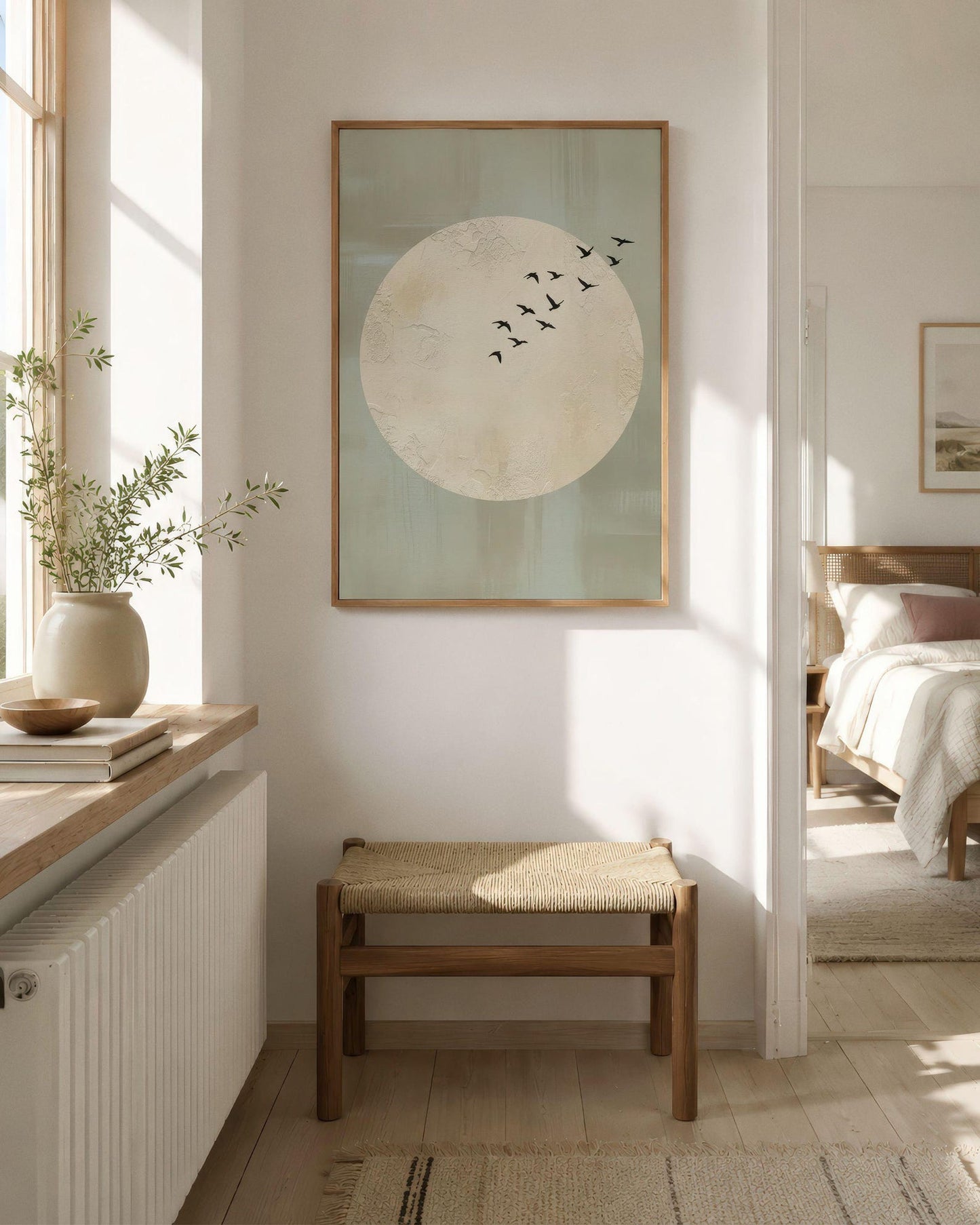 Minimalist Moon With Birds Japandi Wall Art Canvas