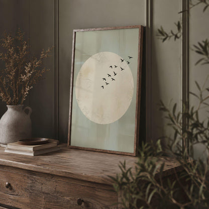 Minimalist Moon With Birds Japandi Wall Art Canvas