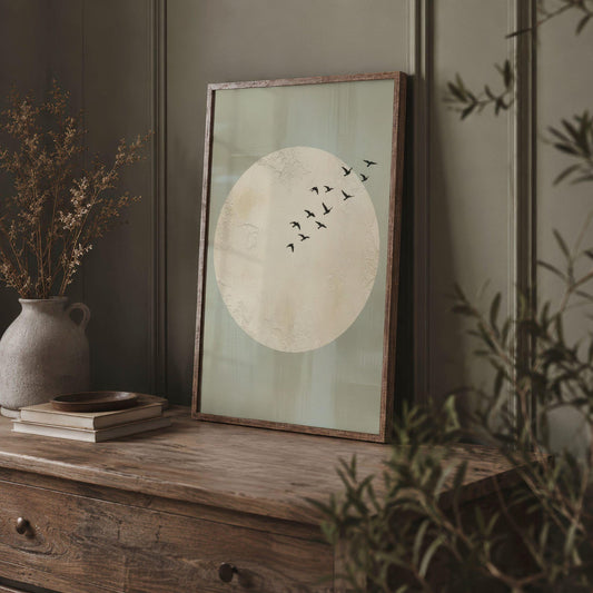 Minimalist Moon With Birds Japandi Wall Art Canvas