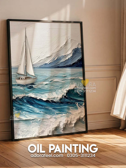 Minimalist White Sailboat on Choppy Sea Oil Paint Style Wall Art Canvas