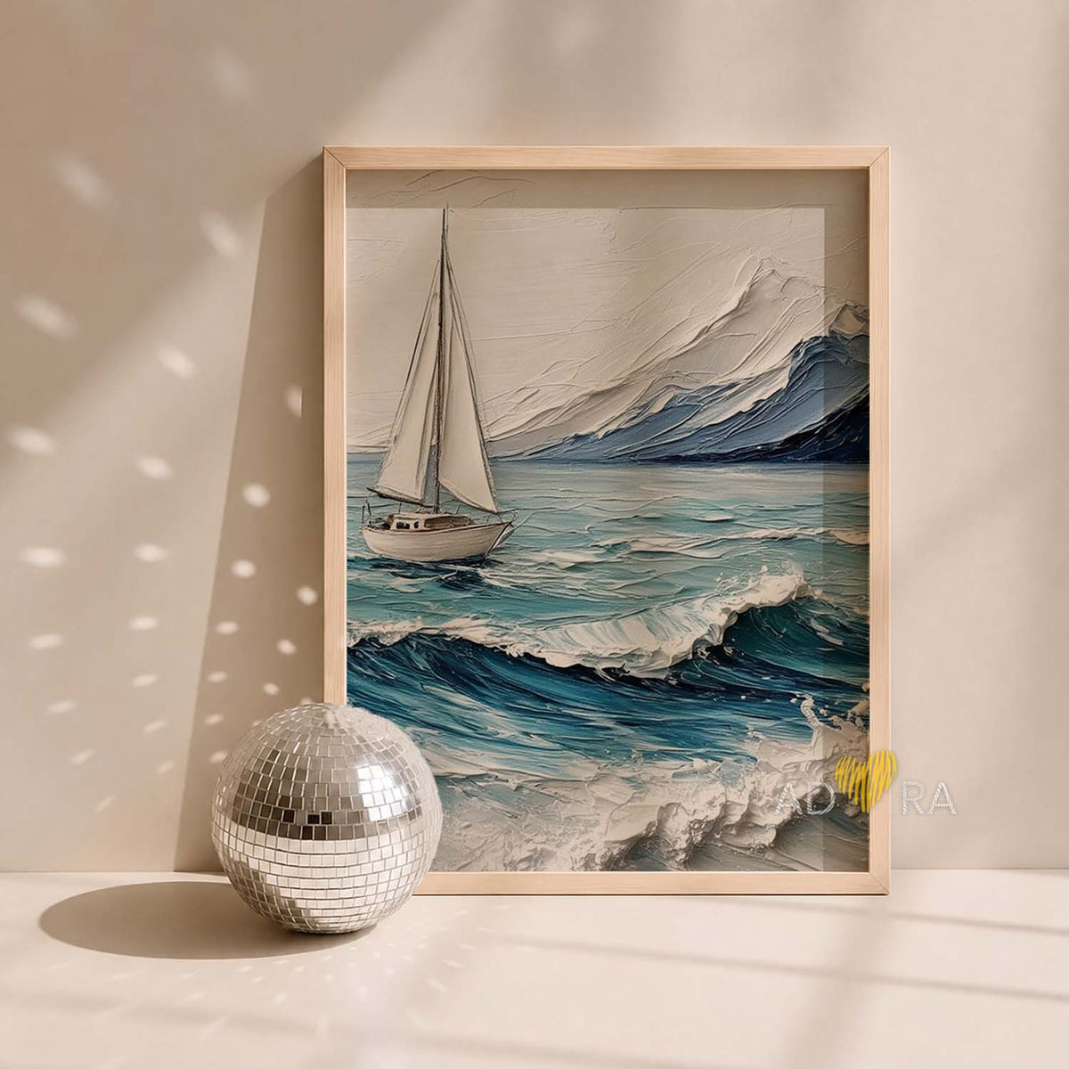 Minimalist White Sailboat on Choppy Sea Oil Paint Style Wall Art Canvas