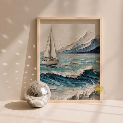 Minimalist White Sailboat on Choppy Sea Oil Paint Style Wall Art Canvas