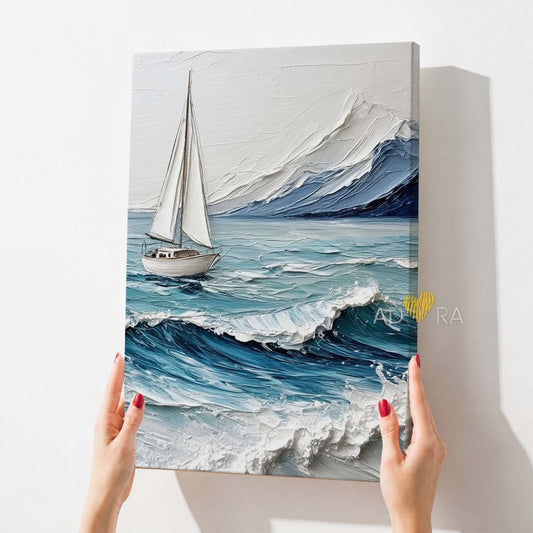 Minimalist White Sailboat on Choppy Sea Oil Paint Style Wall Art Canvas