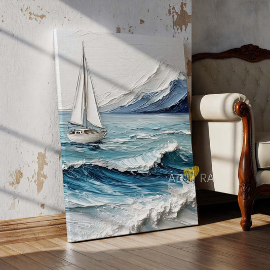 Minimalist White Sailboat on Choppy Sea Oil Paint Style Wall Art Canvas