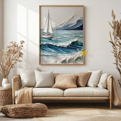 Minimalist White Sailboat on Choppy Sea Oil Paint Style Wall Art Canvas