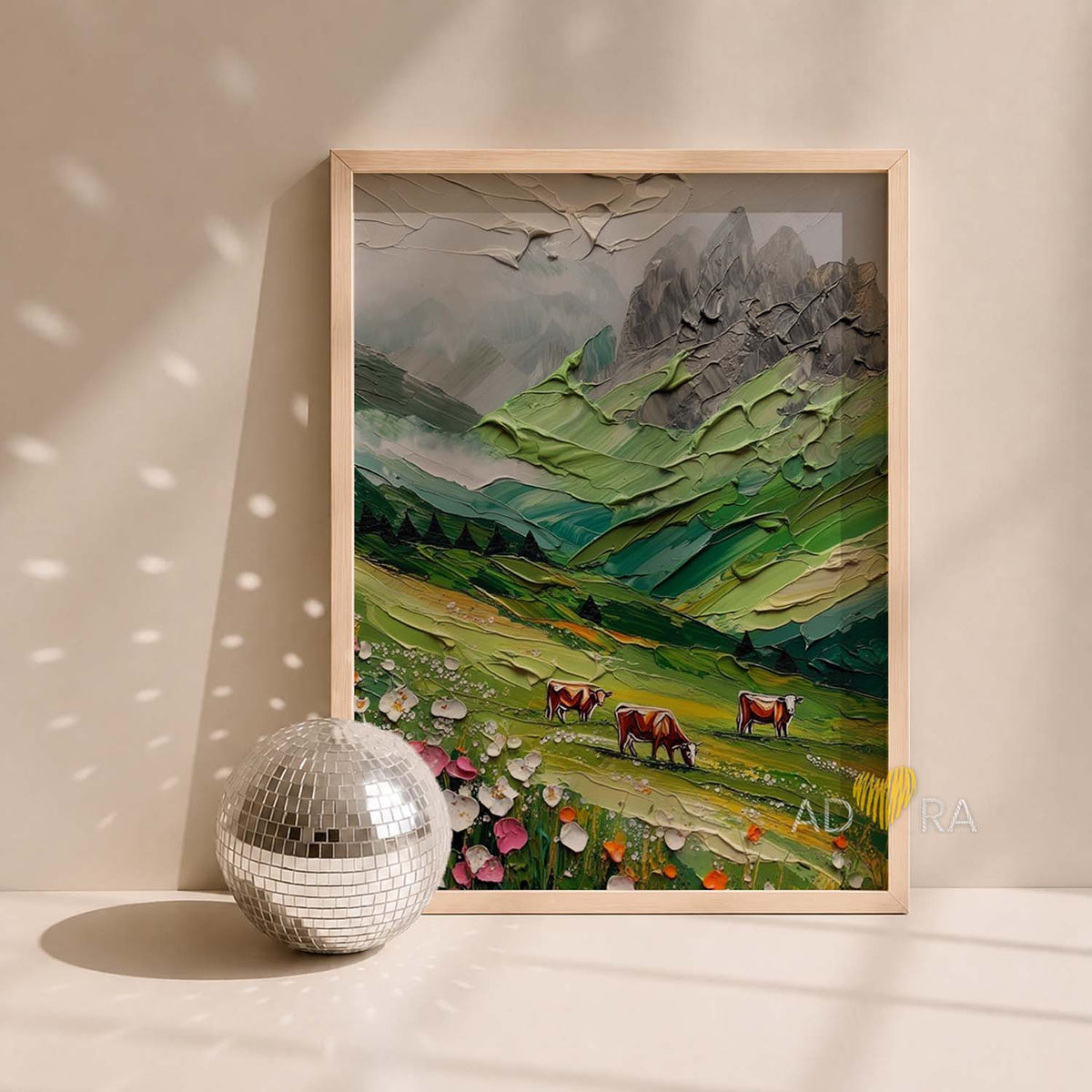 Misty Mountain Grazing Cows in Green Valley Oil Paint Style Wall Art Canvas
