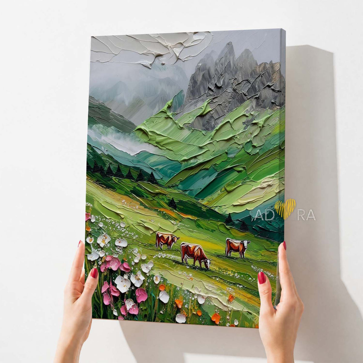 Misty Mountain Grazing Cows in Green Valley Oil Paint Style Wall Art Canvas