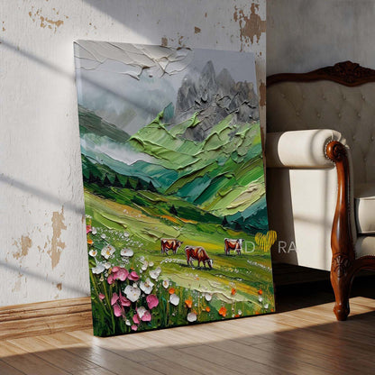 Misty Mountain Grazing Cows in Green Valley Oil Paint Style Wall Art Canvas