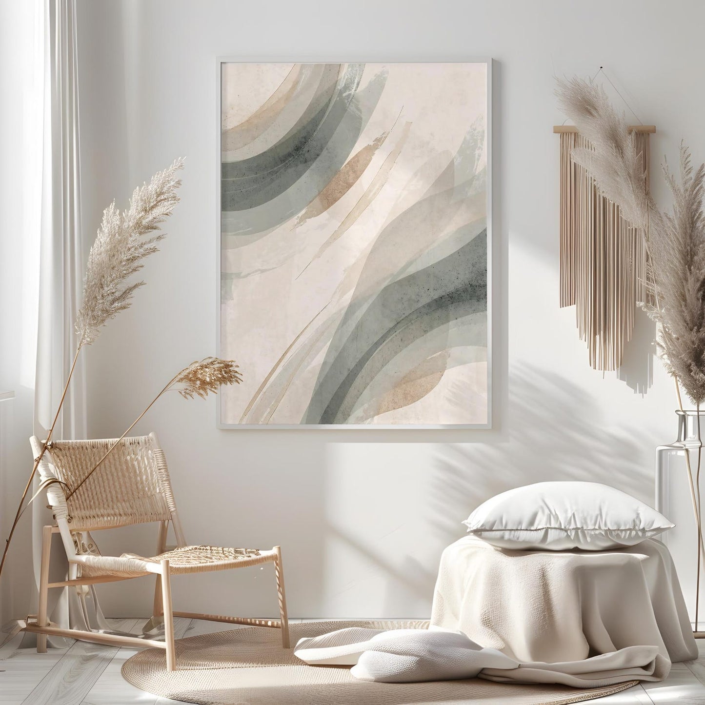 Modern Boho Beige Green Tones Abstract Wall Art Canvas