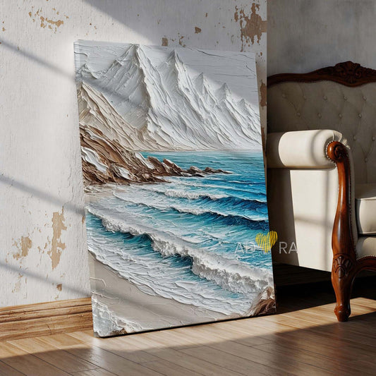 Modern Coastal Mountain Seascape Oil Paint Style Wall Art Canvas