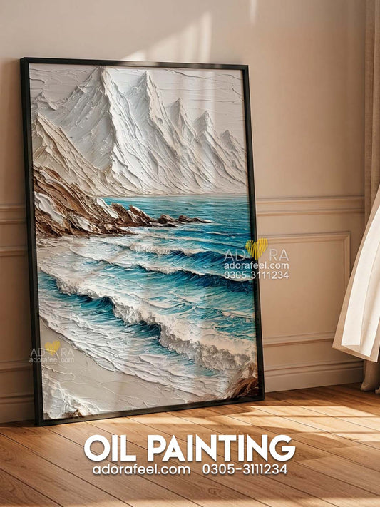 Modern Coastal Mountain Seascape Oil Paint Style Wall Art Canvas