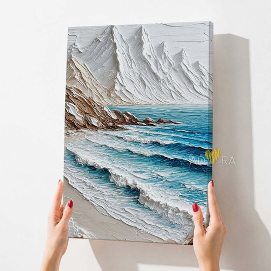 Modern Coastal Mountain Seascape Oil Paint Style Wall Art Canvas