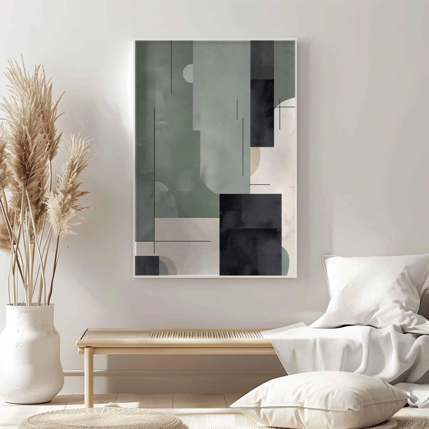 Modern Geometric Green Beige Black Abstract Wall Art Canvas