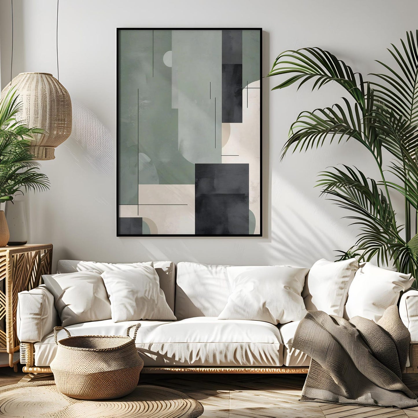 Modern Geometric Green Beige Black Abstract Wall Art Canvas
