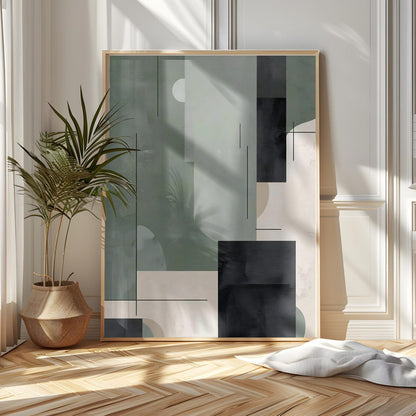Modern Geometric Green Beige Black Abstract Wall Art Canvas