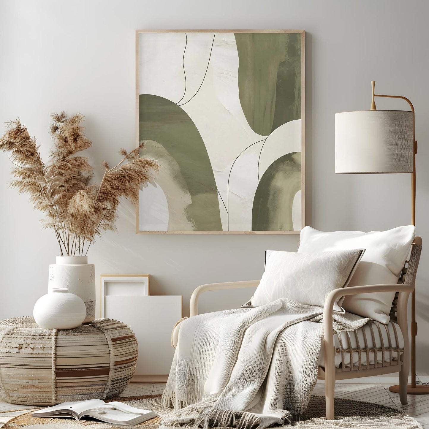 Modern Neutral Green Beige Minimalist Abstract Wall Art Canvas