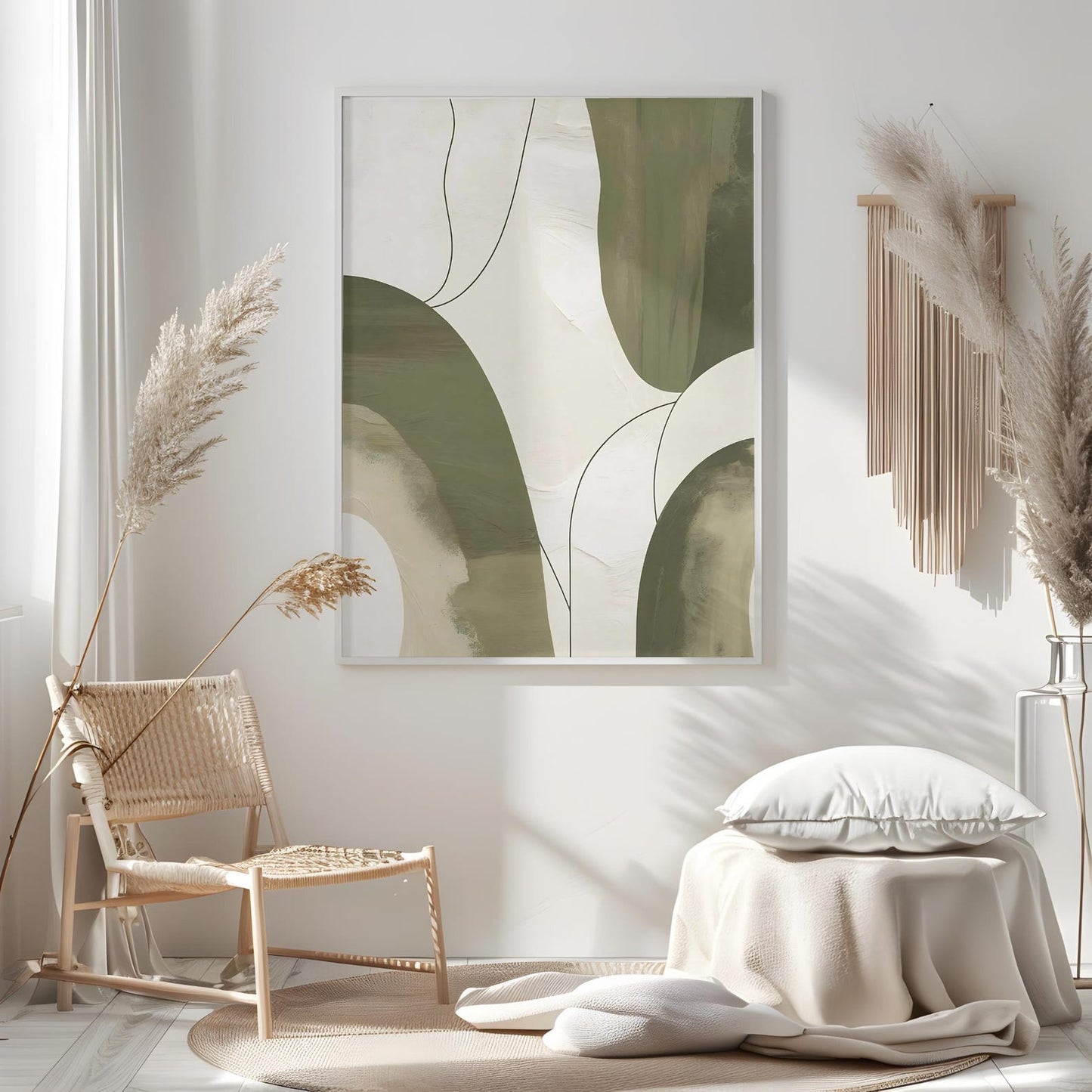 Modern Neutral Green Beige Minimalist Abstract Wall Art Canvas