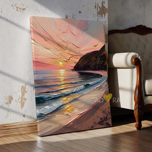 Modern Pastel Beach Seascape Oil Paint Style Wall Art Canvas