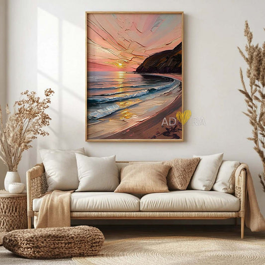 Modern Pastel Beach Seascape Oil Paint Style Wall Art Canvas