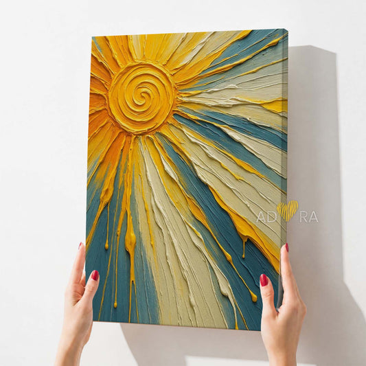 Modern Sunburst Teal Yellow Oil Paint Style Wall Art Canvas