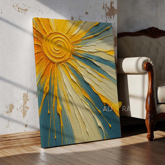 Modern Sunburst Teal Yellow Oil Paint Style Wall Art Canvas