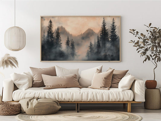 Moody Misty Mountain Forest Wall Art Canvas