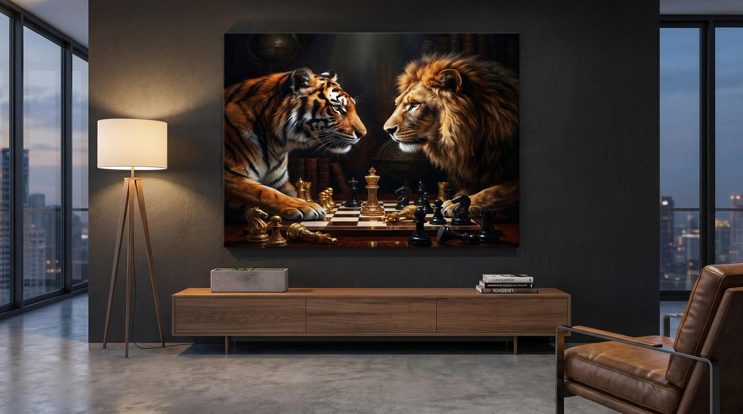 Moody Tiger Lion Chess Wall Art Canvas