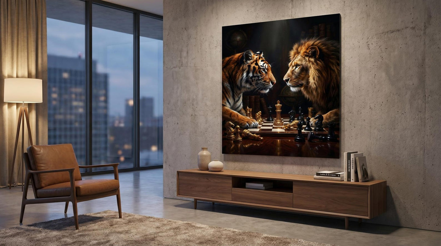 Moody Tiger Lion Chess Wall Art Canvas