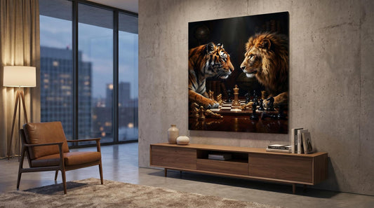 Moody Tiger Lion Chess Wall Art Canvas