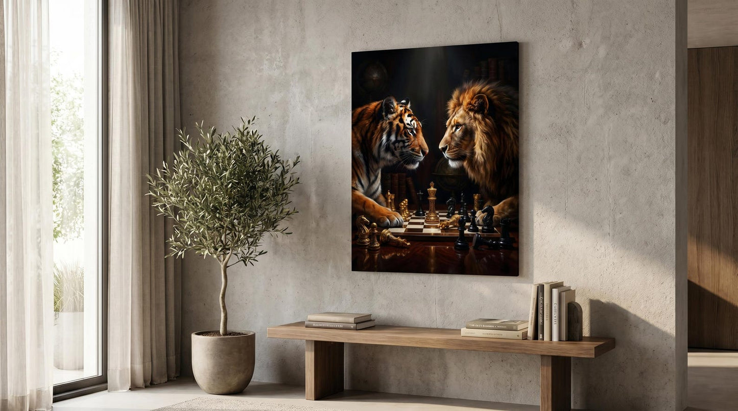 Moody Tiger Lion Chess Wall Art Canvas