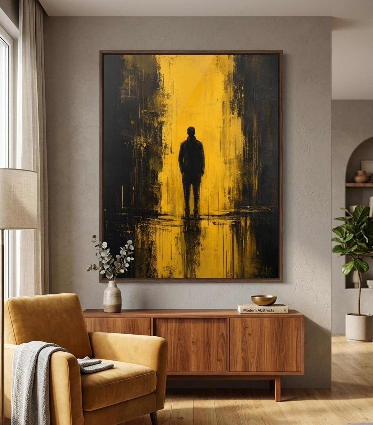 Moody Yellow Black Dark Abstract Wall Art Canvas