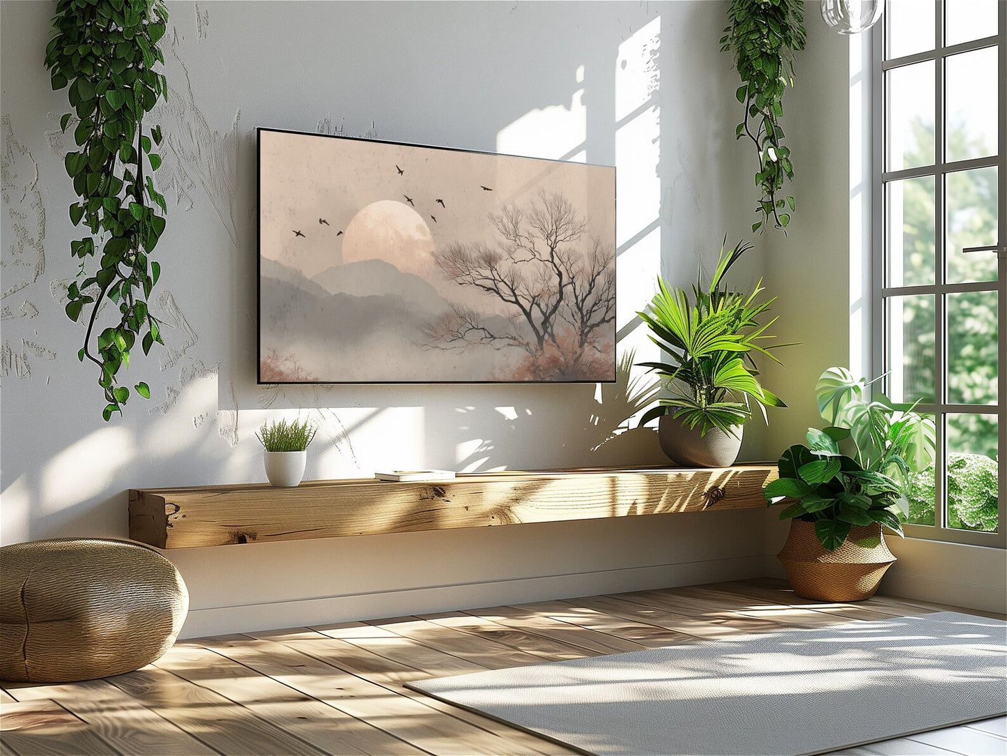 Moonlit Japandi Landscape Minimalist Tree Scene Wall Art Canvas