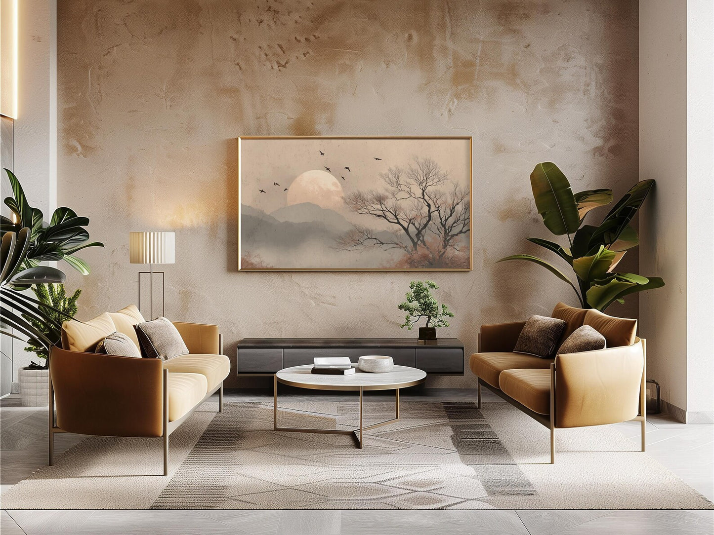Moonlit Japandi Landscape Minimalist Tree Scene Wall Art Canvas