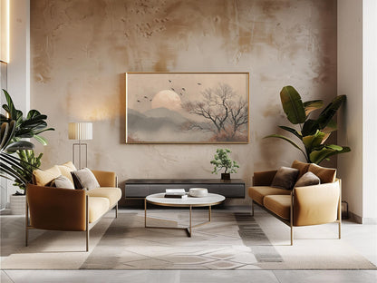 Moonlit Japandi Landscape Minimalist Tree Scene Wall Art Canvas