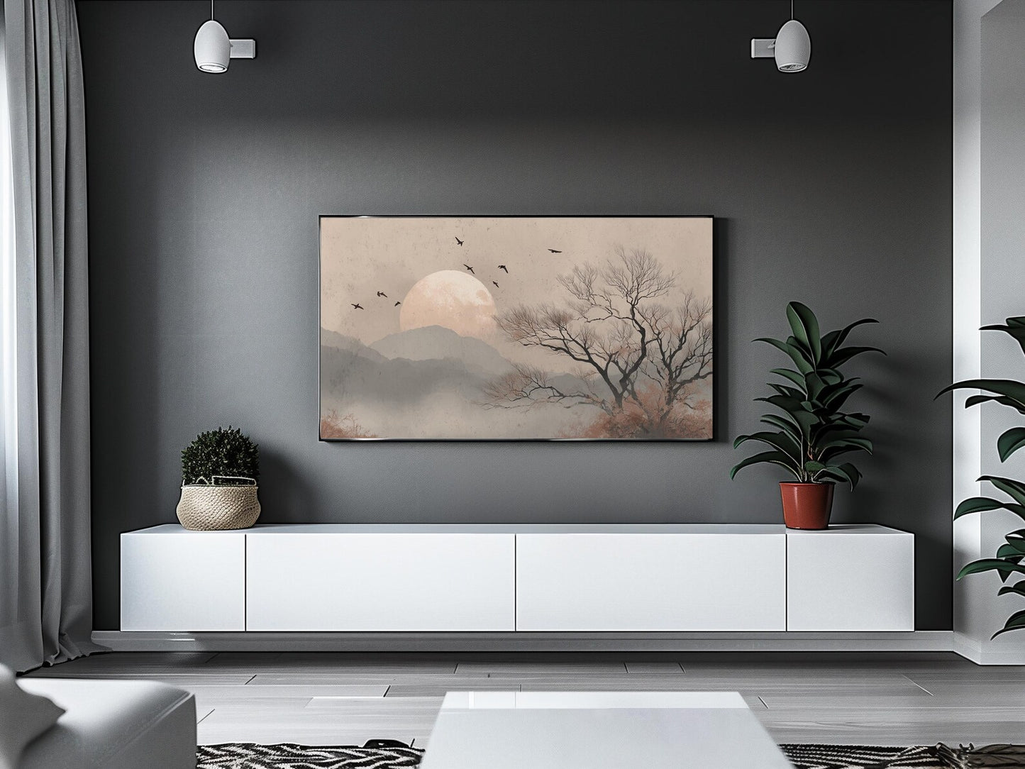 Moonlit Japandi Landscape Minimalist Tree Scene Wall Art Canvas