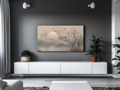 Moonlit Japandi Landscape Minimalist Tree Scene Wall Art Canvas