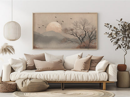 Moonlit Japandi Landscape Minimalist Tree Scene Wall Art Canvas