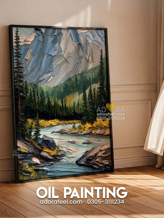 Mountain River & Pine Forest Landscape Oil Paint Style Wall Art Canvas