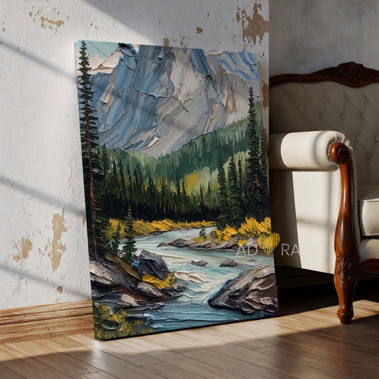 Mountain River & Pine Forest Landscape Oil Paint Style Wall Art Canvas