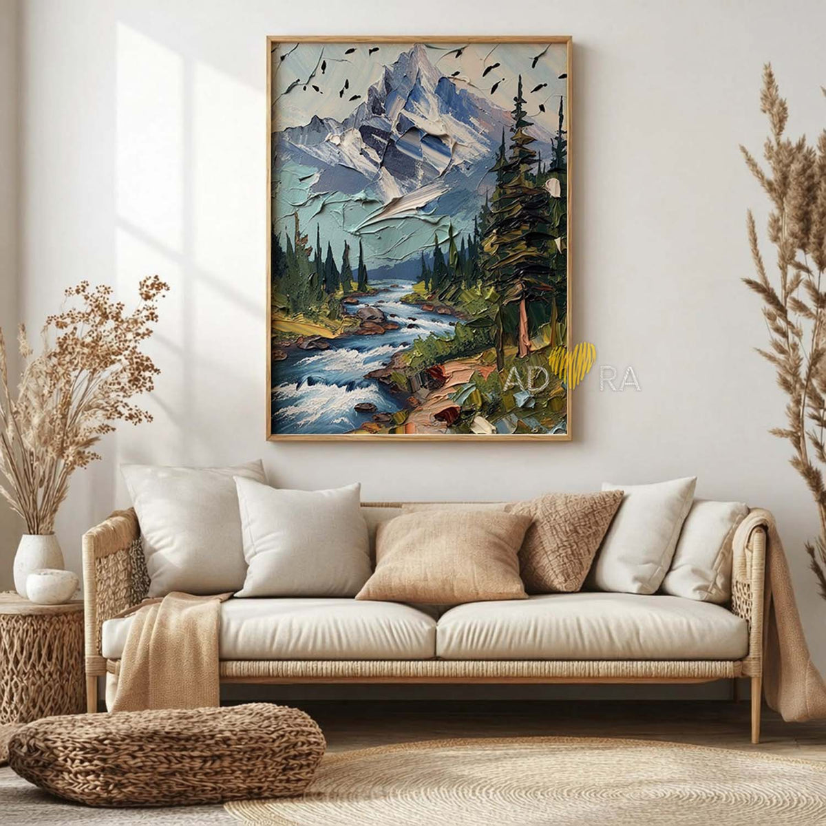 Mountain Stream and Pine Trees Landscape Oil Paint Style Wall Art Canvas