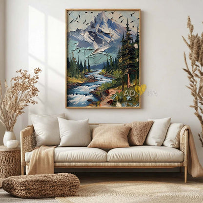 Mountain Stream and Pine Trees Landscape Oil Paint Style Wall Art Canvas