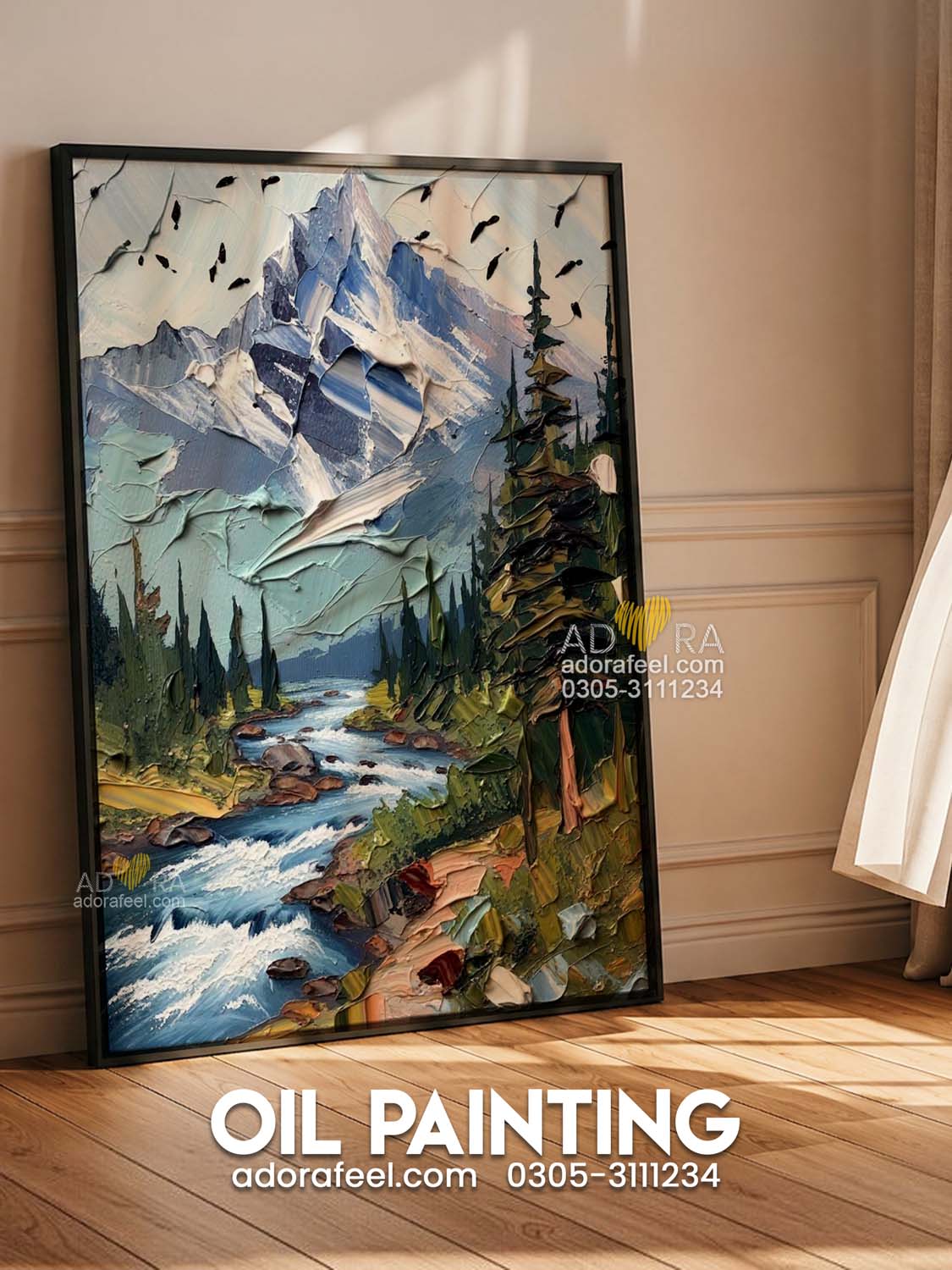 Mountain Stream and Pine Trees Landscape Oil Paint Style Wall Art Canvas